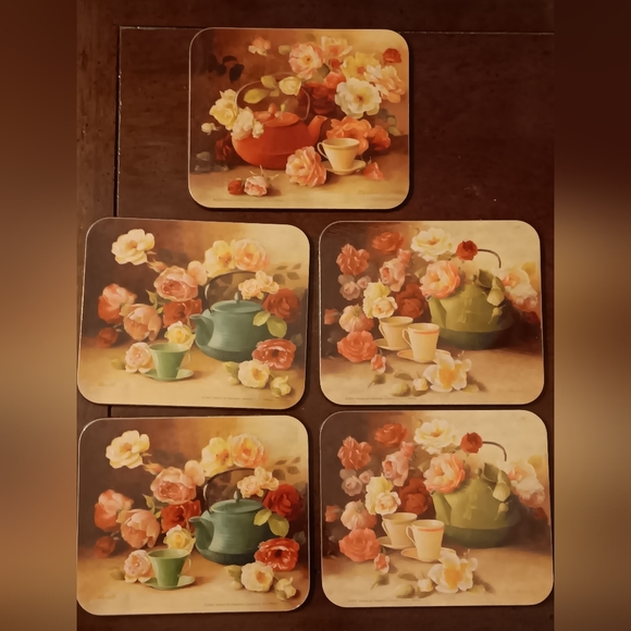 5 cork Backed Coasters artist Fabrice De Villeneuve Teapots Teacups floral - Picture 3 of 6